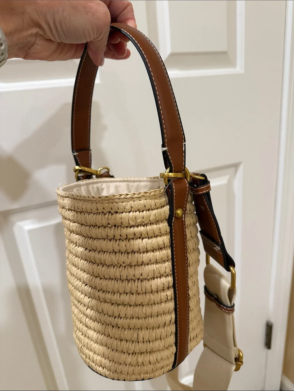 ZARA Cream and Brown Straw Bucket Crossbody Bag